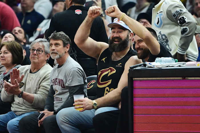 Mar 5, 2024; Cleveland, Ohio, USA; Jason, middle, and Travis Kelce, right, watch the game between the Cleveland Cavaliers and the Boston Celtics during the first half at Rocket Mortgage FieldHouse. Mandatory Credit: Ken Blaze-USA TODAY Sports